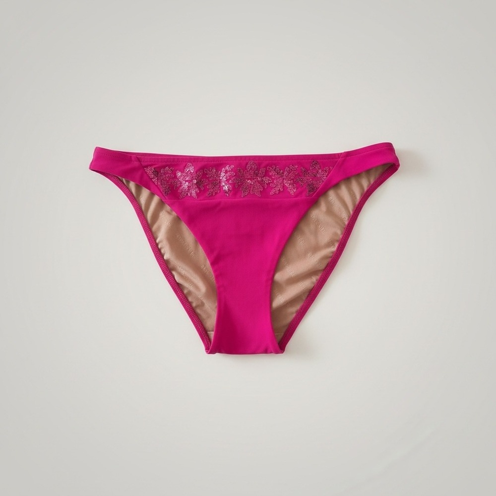 NEW Lise Charmel Fuchsia Pink Sequin Floral‎ Bikini Bottom Size Small Glam Party